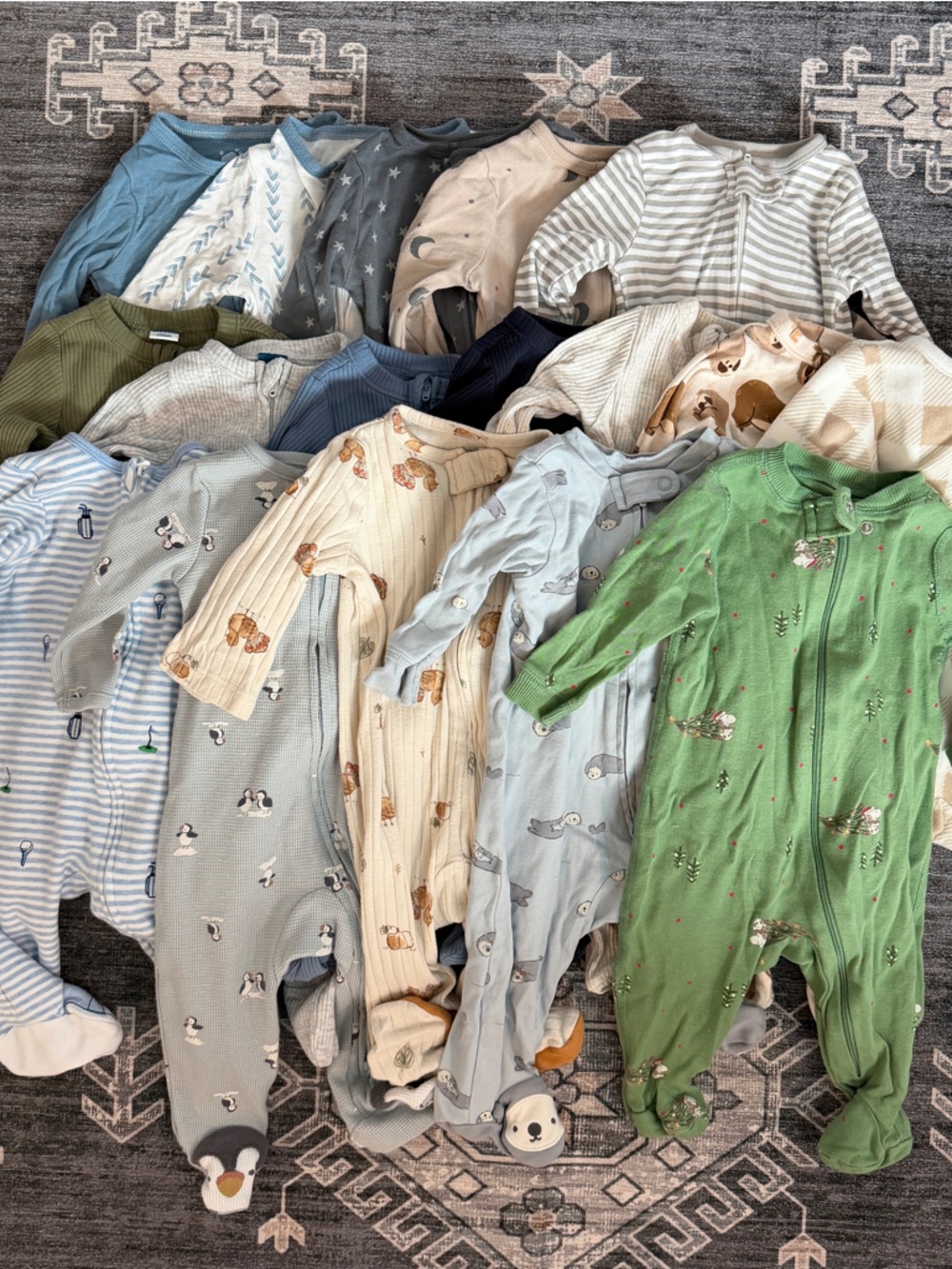 Bundle of 17 Footed Sleepers Two Zip Onesies - Mixed Prints Gender Neutral Boy